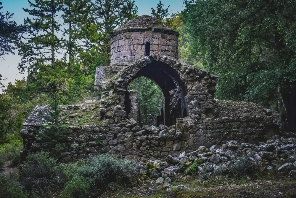 Ερειπωμένο πέτρινο ξωκλήσι με όρθια καμάρα κι έναν στρογγυλό πύργο, μέσα σε πευκόδασος.